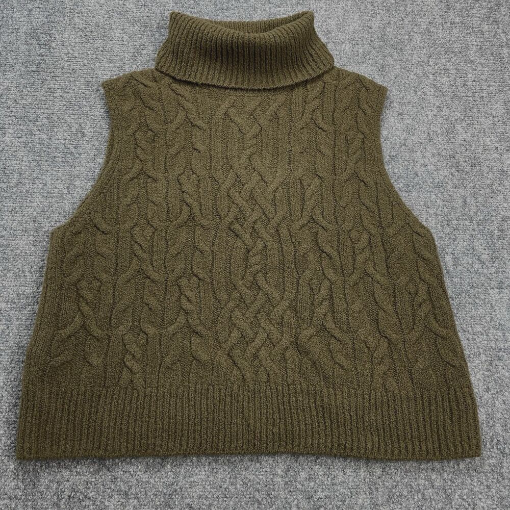 Vince Wool Twisted Cable Turtleneck Sweater Tank Womens Large Sleeveless Green